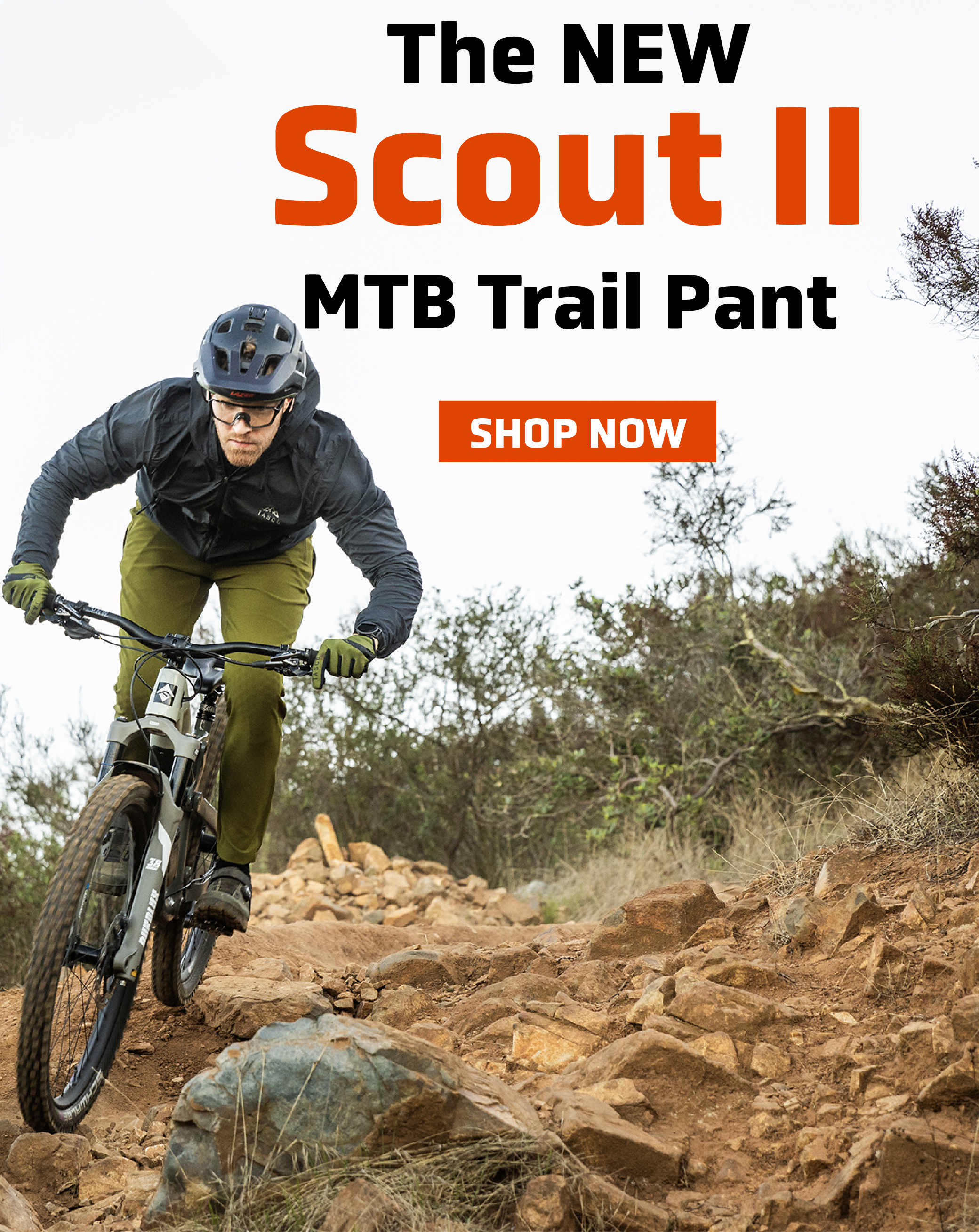 TASCO Fir Green Scout II Mtb Trail pant and Dawn Patrol Gloves on Rider 